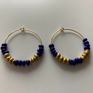 Hoop Earrings Glass Beads Gold and Navy - NEW
